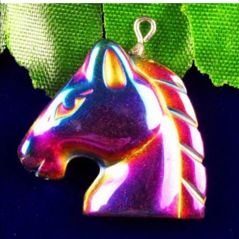 Carved Rainbow Hematite Horse Head Pendant